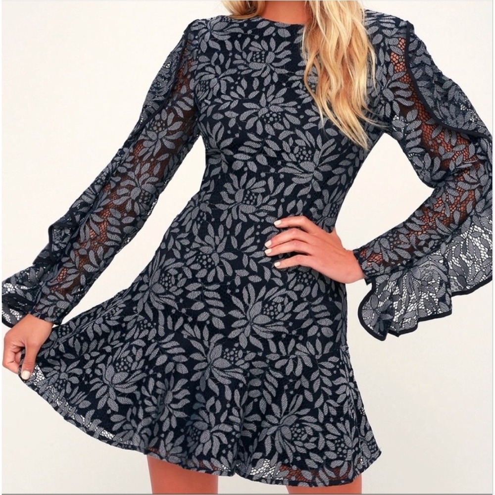 KEEPSAKE Engage Lace Long Sleeve Dress Floral Ruffle Mini Navy Blue Med - Picture 2 of 16